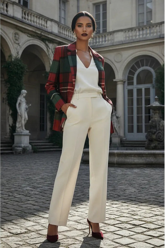 Burgundy and green plaid jacket for women styled with white blouse and cream trousers by Angelic Blessing Shop