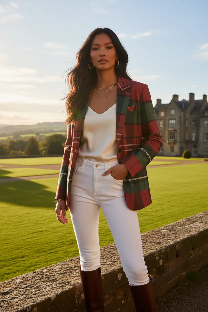Burgundy and green plaid jacket for women styled with white top and pants outdoors