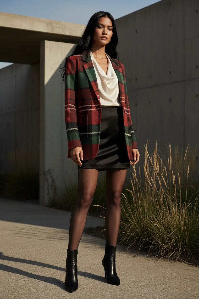 Burgundy and green plaid jacket for women styled with white blouse black skirt and ankle boots