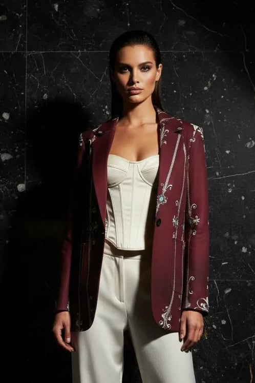 Women's blazer clothing elegant outfit for evening occasions with intricate embroidery