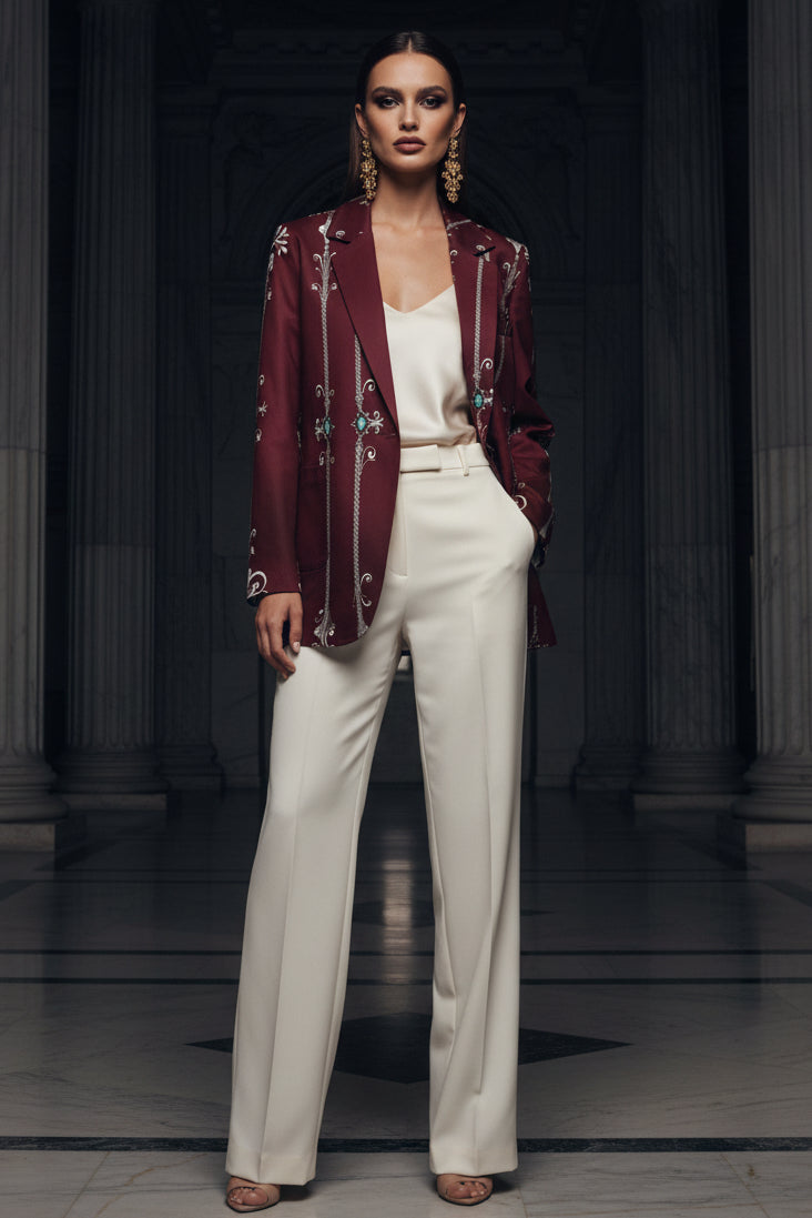 Women's Blazer Clothing Elegant Evening Outfit with White Pants and Embroidered Burgundy Blazer