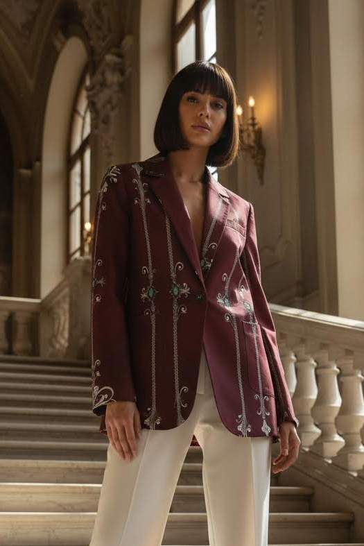 Women's Blazer Clothing Elegant Maroon Embroidered Evening Outfit