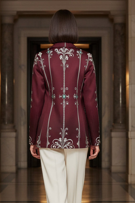 Women's Blazer Clothing Elegant Evening Outfit Embroidered Burgundy Jacket