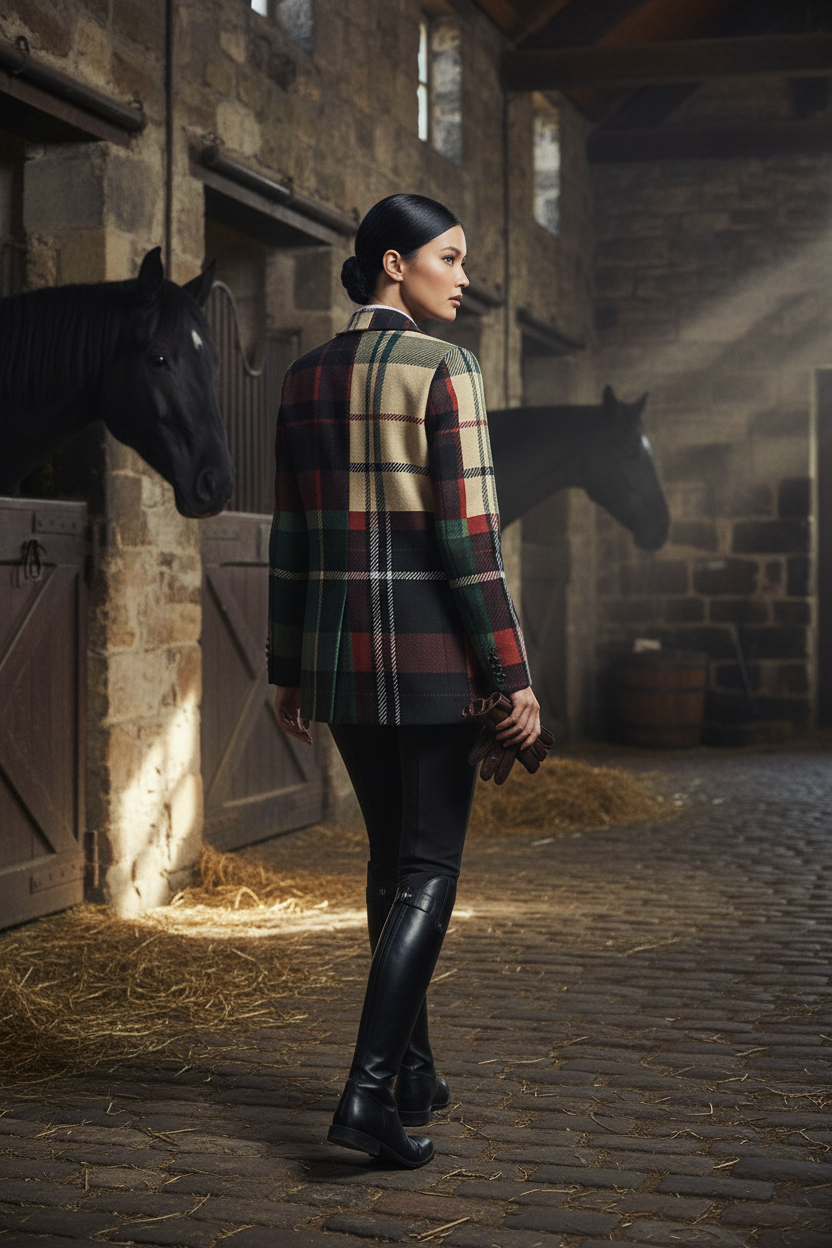 Woman wearing a burgundy green plaid cotton blazer standing in a stable with horses in the background