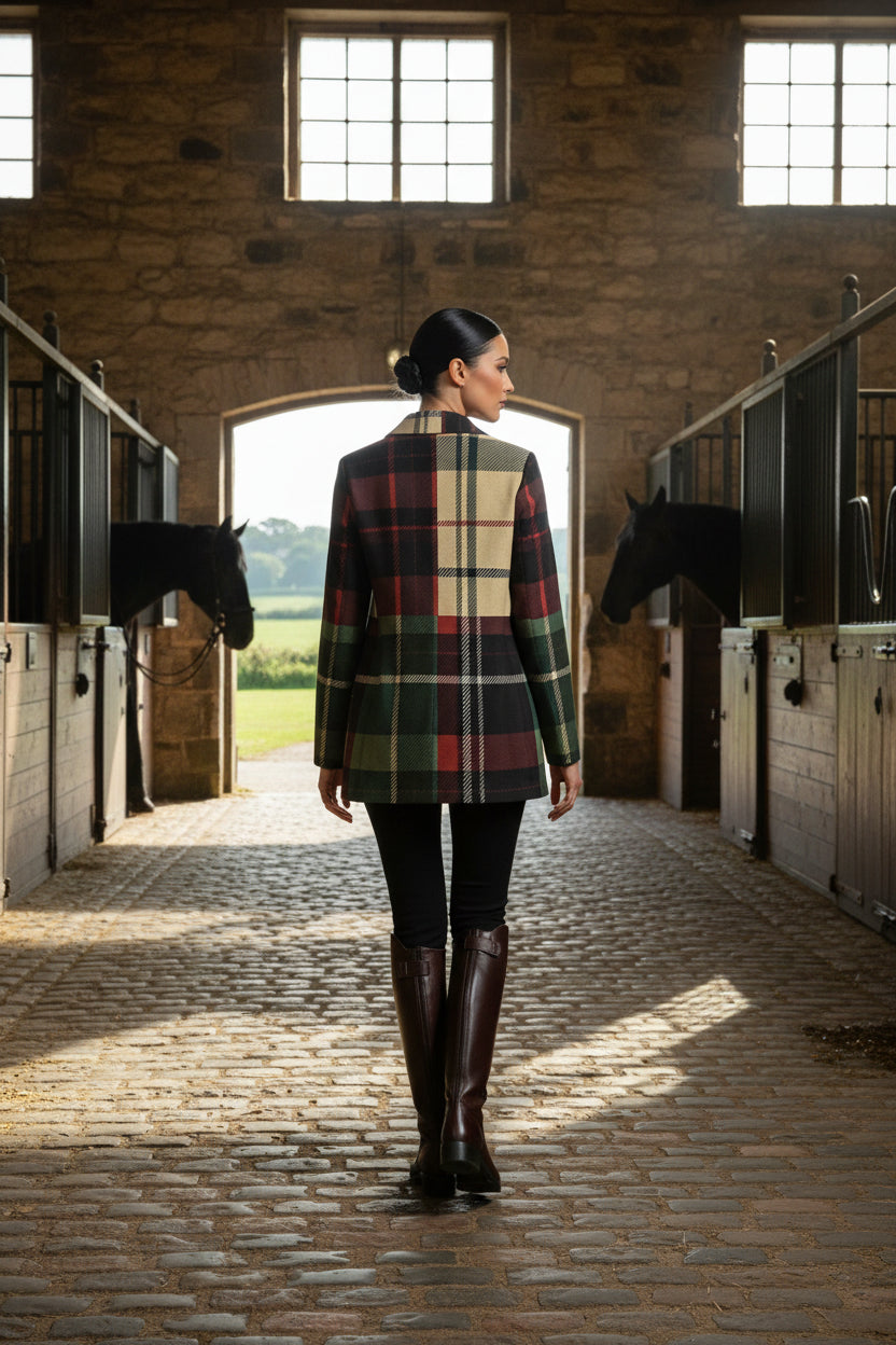 Back view of burgundy green plaid cotton blazer worn by woman in stable with horses