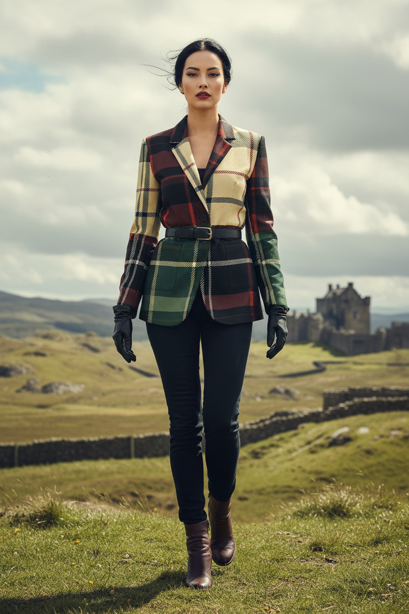 Woman wearing burgundy green plaid cotton blazer standing outdoors near historic castle
