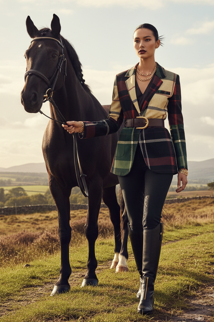 Model wearing burgundy green plaid cotton blazer standing beside black horse outdoors