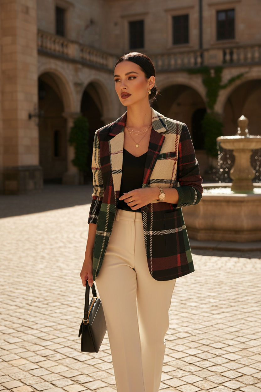 Woman wearing burgundy green plaid cotton blazer from Angelic Blessings Shop paired with cream pants and black top