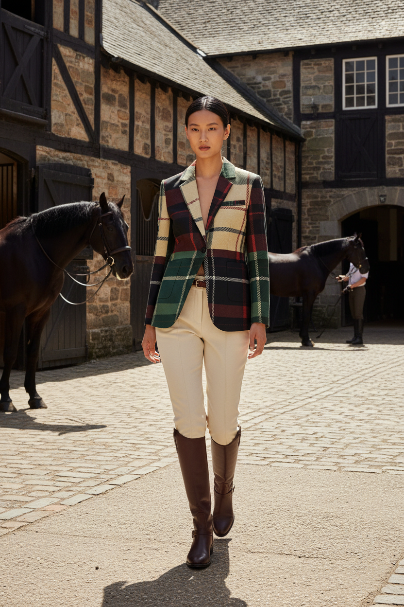 Model wearing a burgundy green plaid cotton blazer from Angelic Blessings Shop styled with cream pants and brown boots