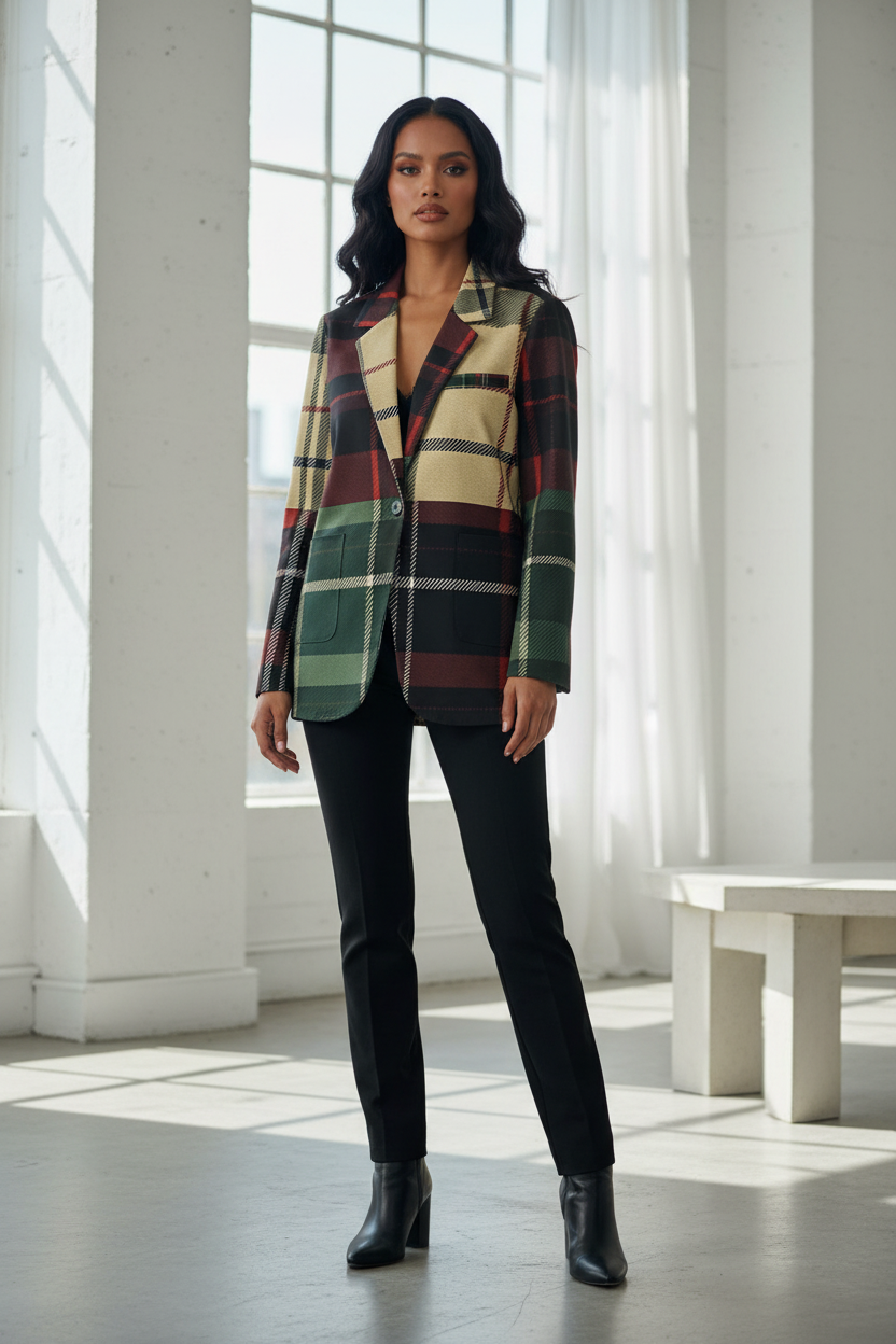 Woman wearing burgundy green plaid cotton blazer from Angelic Blessings Shop paired with black pants and boots