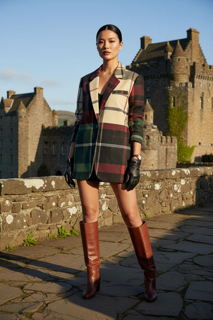 Model wearing burgundy green plaid cotton blazer from Angelic Blessings Shop with long sleeves and tailored fit
