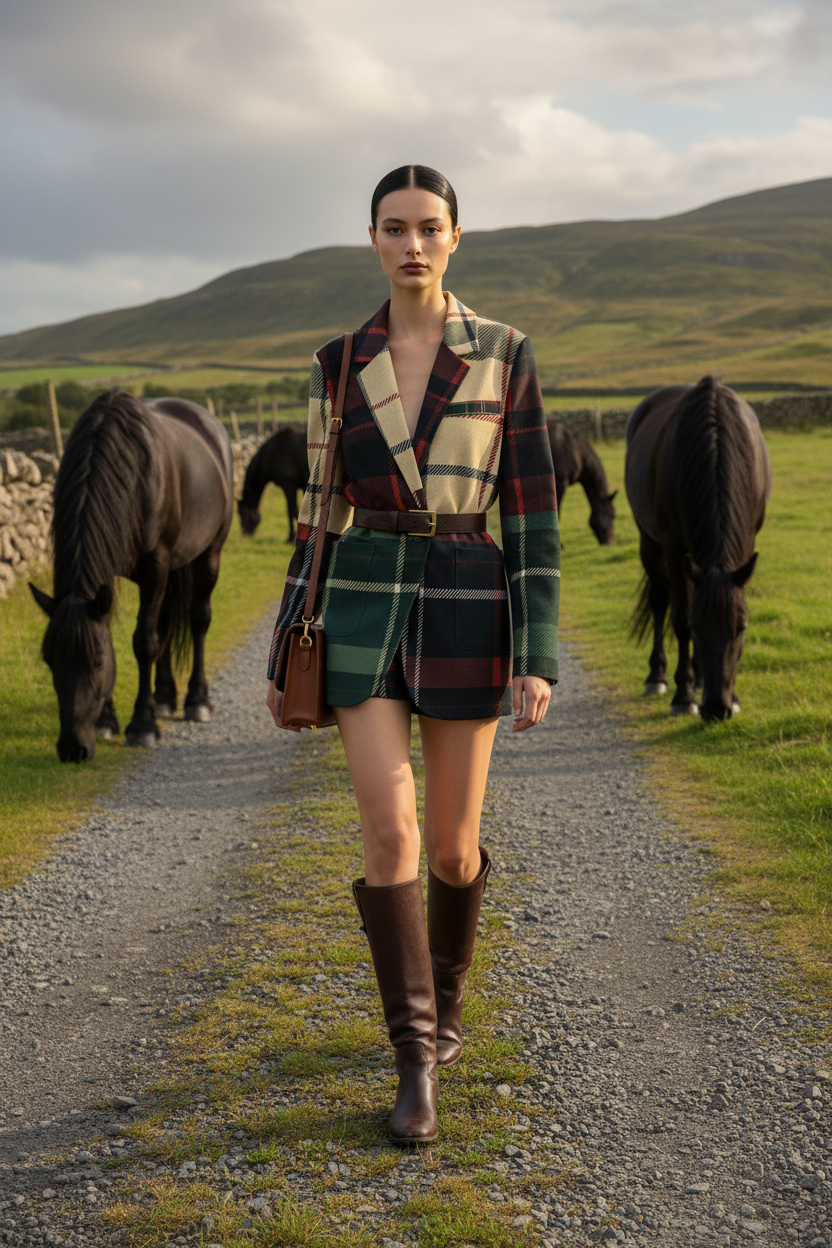 Woman wearing a burgundy green plaid cotton blazer walking on a gravel path with horses in the background