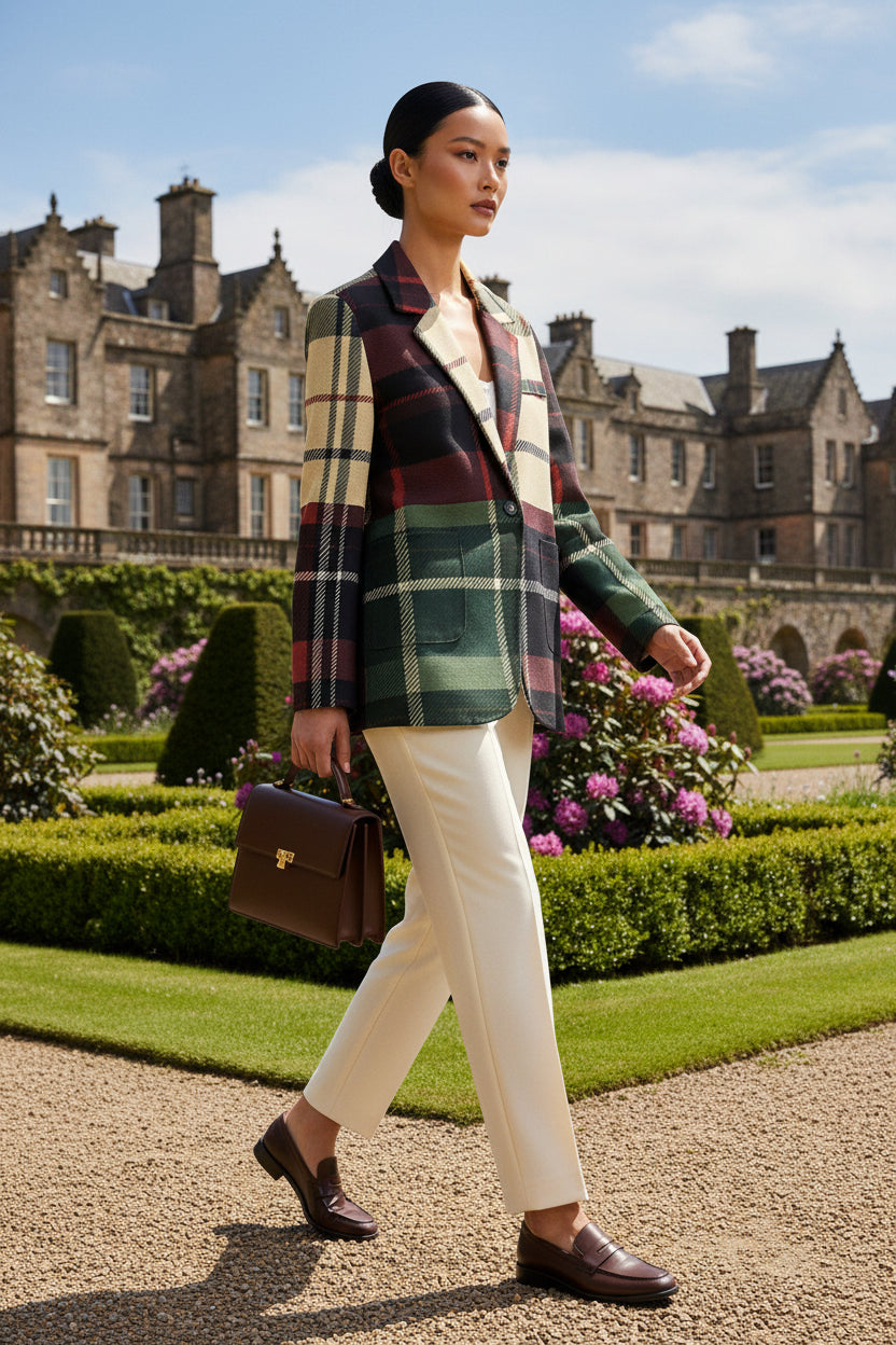 Woman wearing a burgundy green plaid cotton blazer walking outdoors with white pants and brown loafers