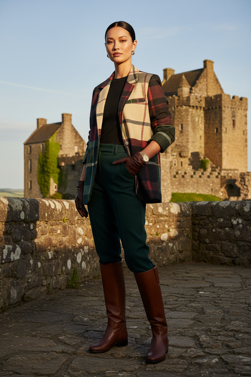 Woman wearing burgundy green plaid cotton blazer from Angelic Blessings Shop styled with green pants and brown boots