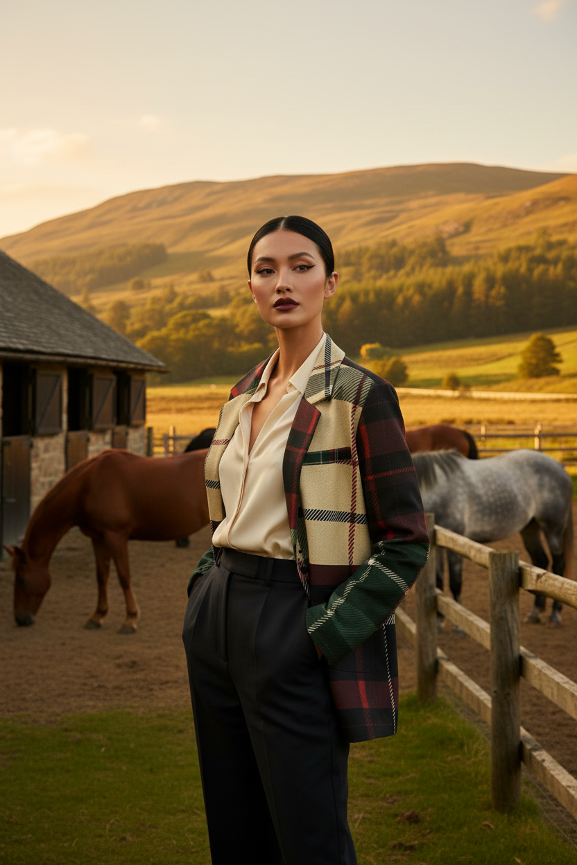 Woman wearing a burgundy green plaid cotton blazer standing near horses and a stable in a rural setting