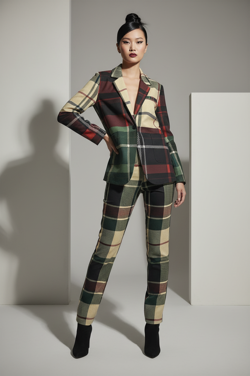Angelic Blessings Shop burgundy green plaid cotton blazer worn by model with matching pants