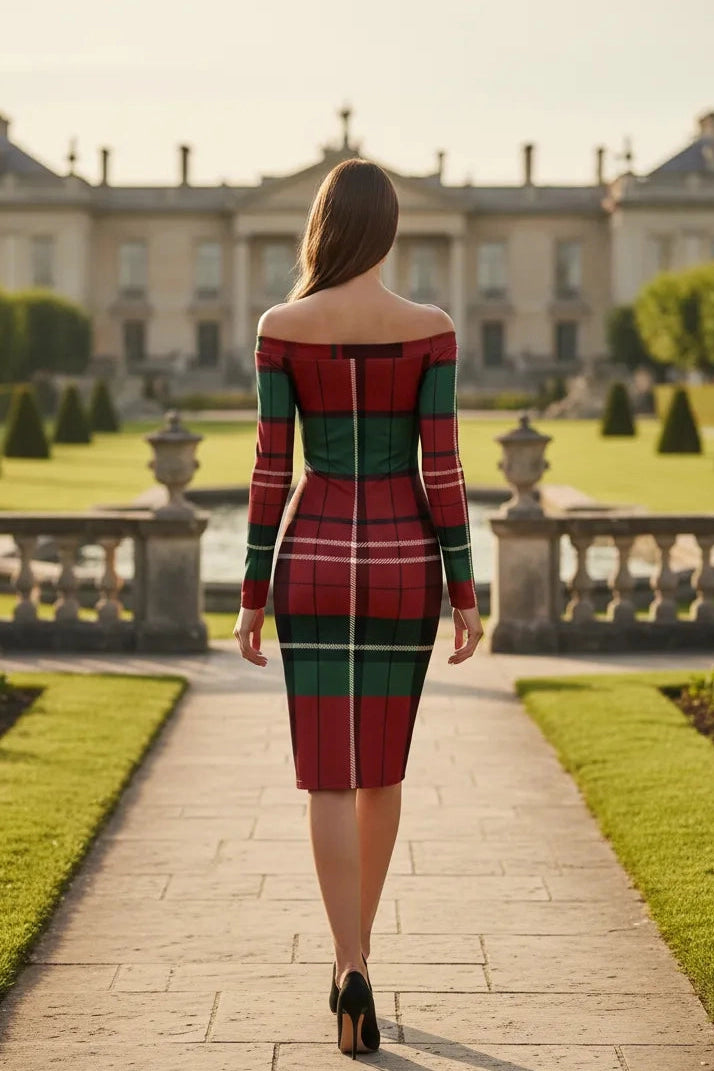 Angelic Blessings Shop burgundy green tartan off-shoulder dress worn by woman outdoors