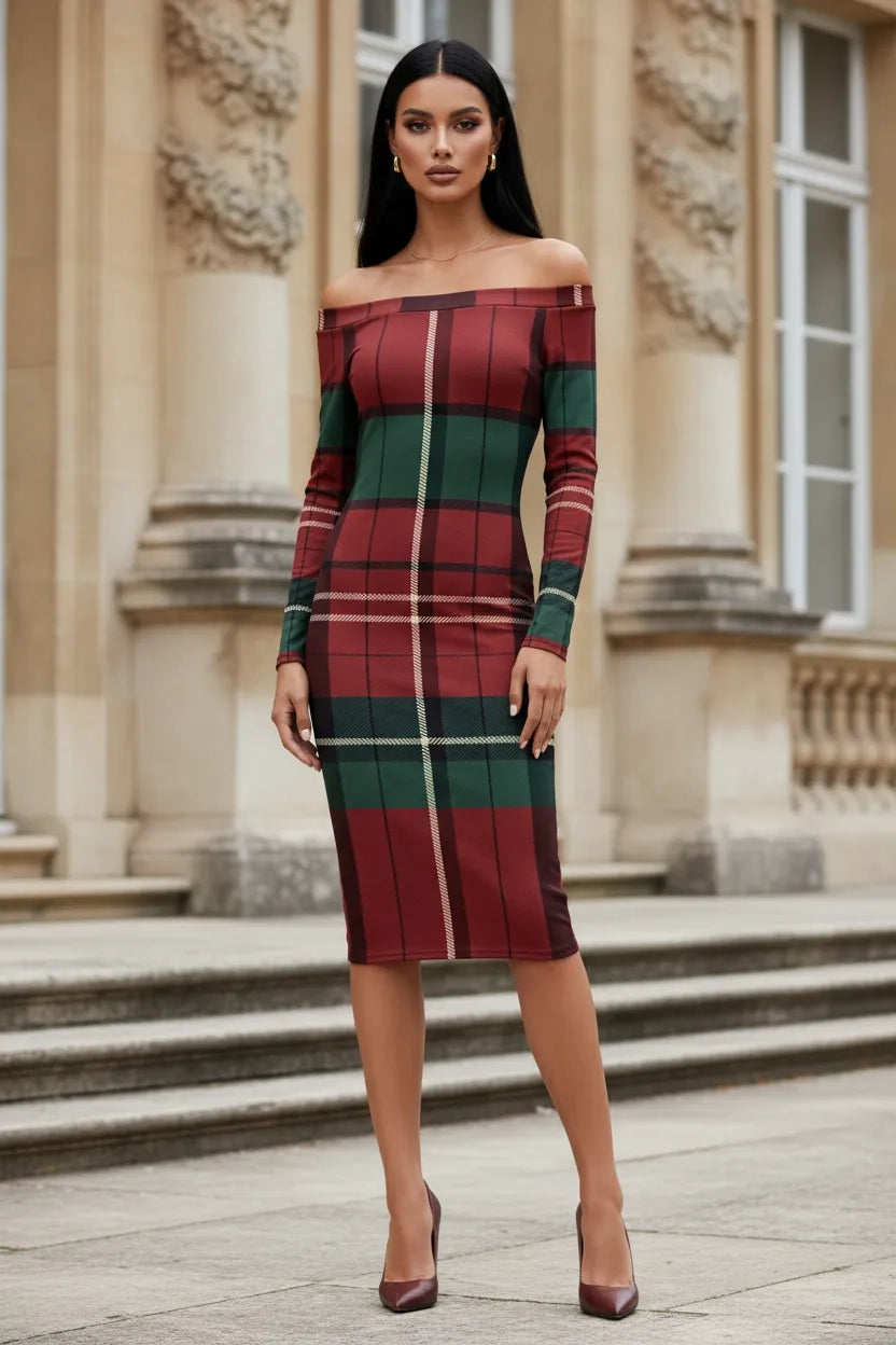 Angelic Blessings Shop burgundy green tartan off-shoulder dress with long sleeves and midi length