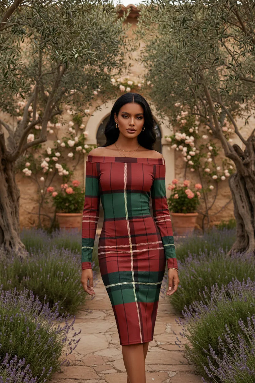 Woman wearing a burgundy green tartan off-shoulder dress from Angelic Blessings Shop standing in a garden pathway