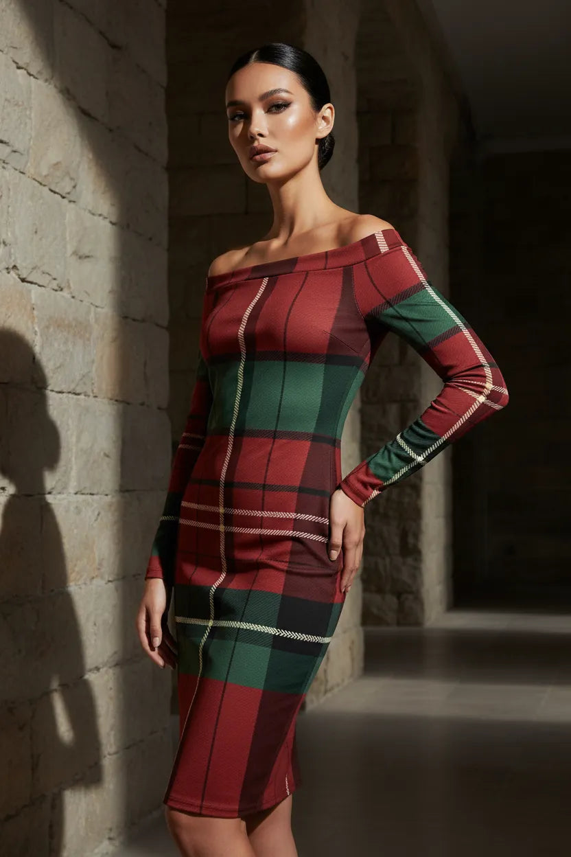 Angelic Blessings Shop burgundy green tartan off-shoulder dress worn by model in stone hallway