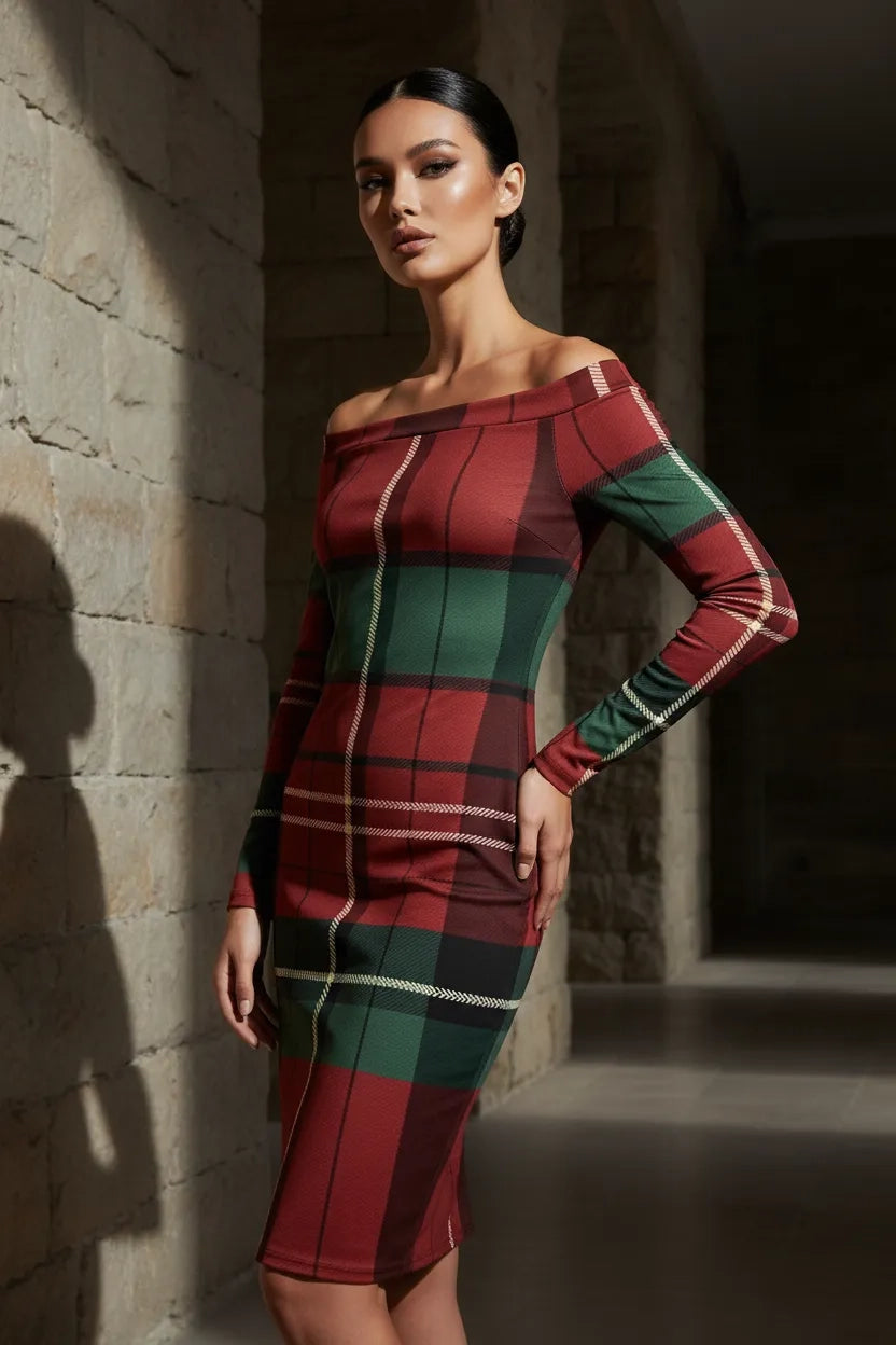 Angelic Blessings Shop burgundy green tartan off-shoulder dress with long sleeves and fitted silhouette