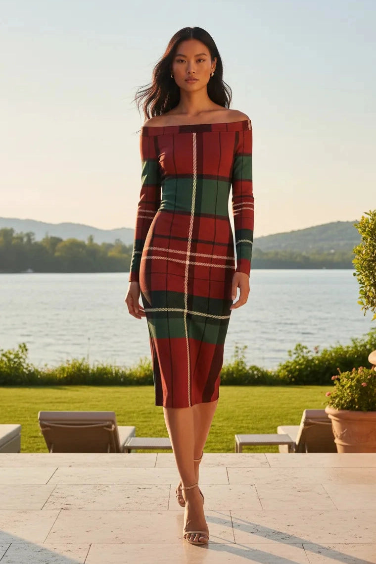 Angelic Blessings Shop burgundy green tartan off-shoulder dress worn by a model outdoors near a lake
