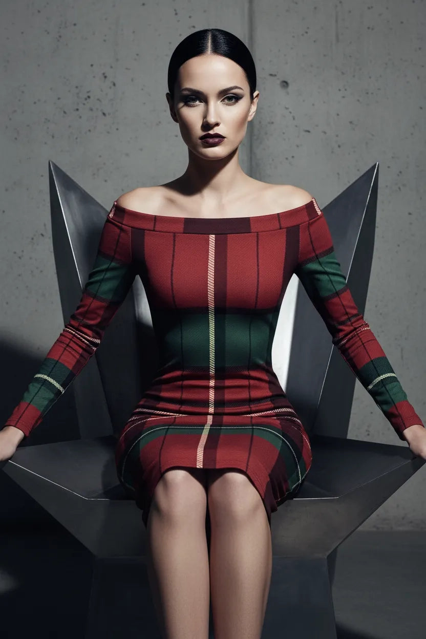 Burgundy green tartan off-shoulder dress with long sleeves worn by a model sitting on a modern chair