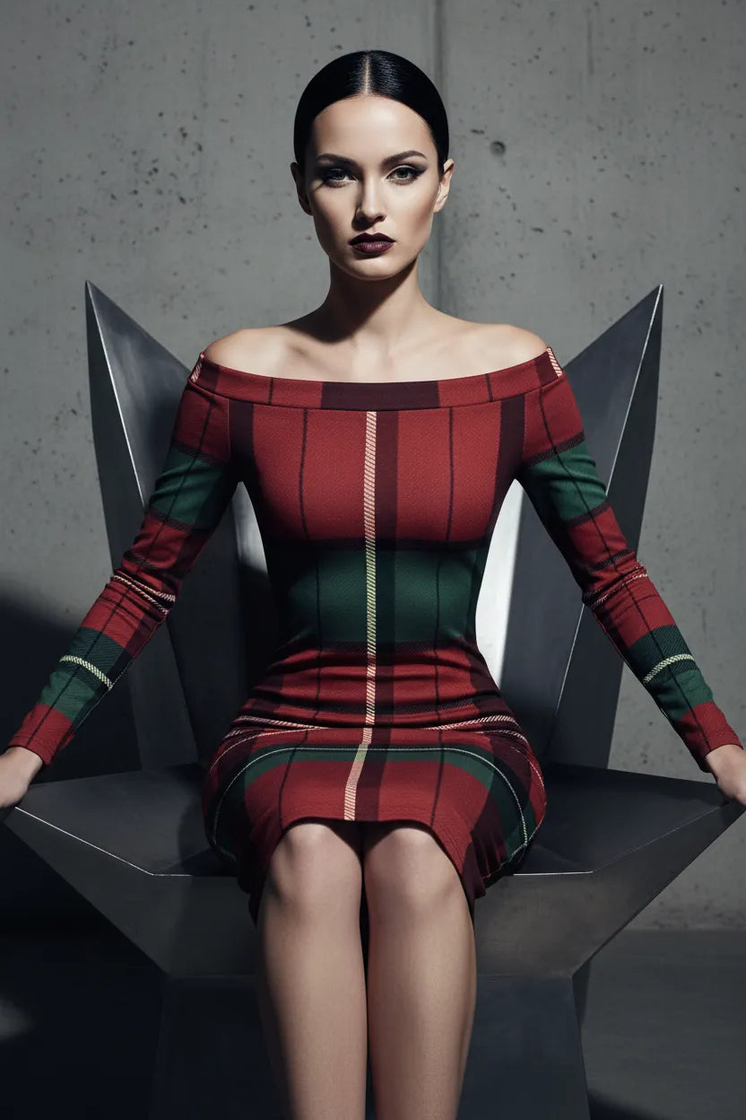 Woman wearing burgundy green tartan off-shoulder dress sitting on modern chair from Angelic Blessings Shop