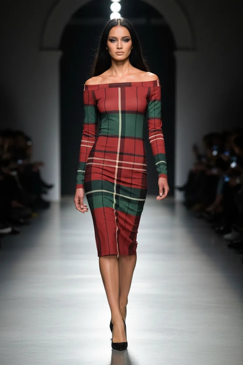 Model wearing a burgundy green tartan off-shoulder dress walking on runway in Angelic Blessings Shop collection