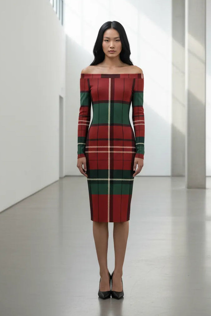 Angelic Blessings Shop burgundy green tartan off-shoulder dress worn by model in minimalist setting