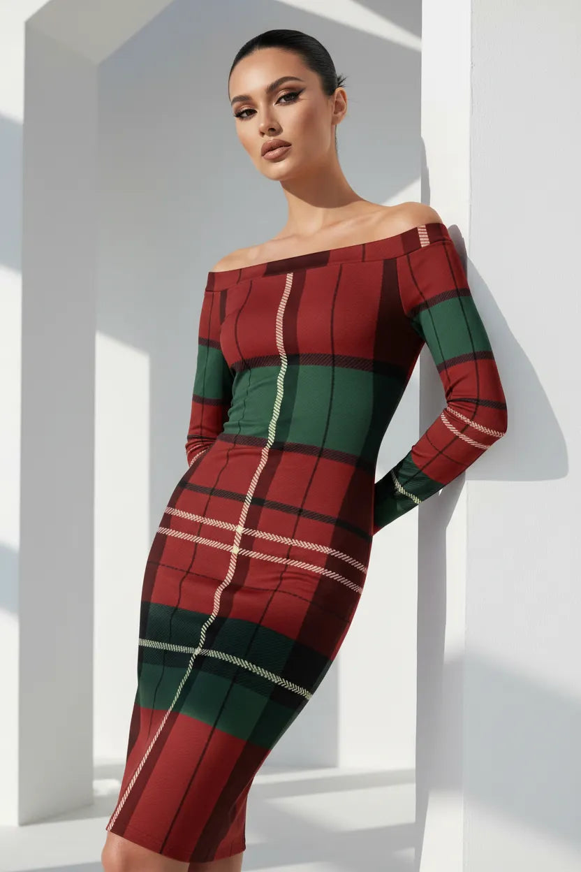 Angelic Blessings Shop burgundy green tartan off-shoulder dress with long sleeves and fitted silhouette