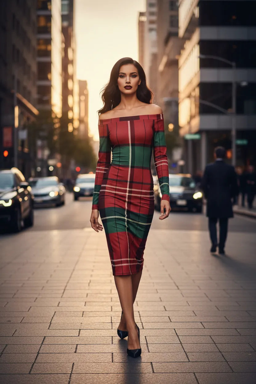 Model wearing a burgundy green tartan off-shoulder dress by Angelic Blessings Shop walking in the city