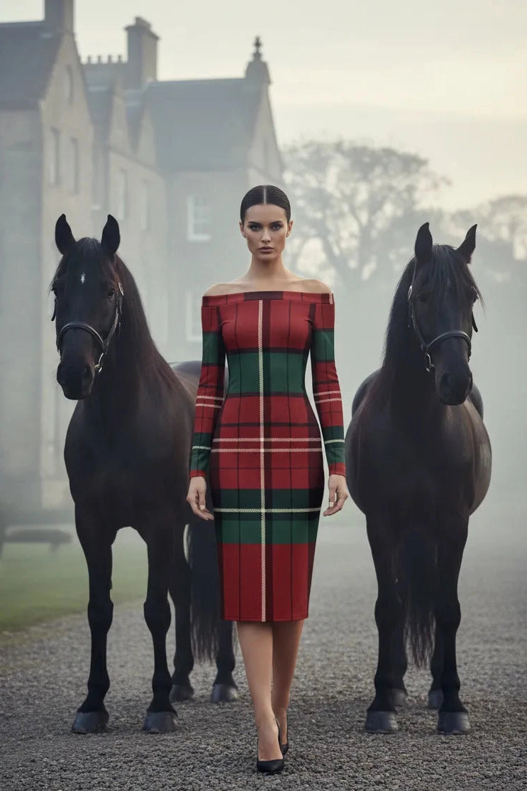 Burgundy green tartan off-shoulder dress worn by model standing between two black horses outdoors