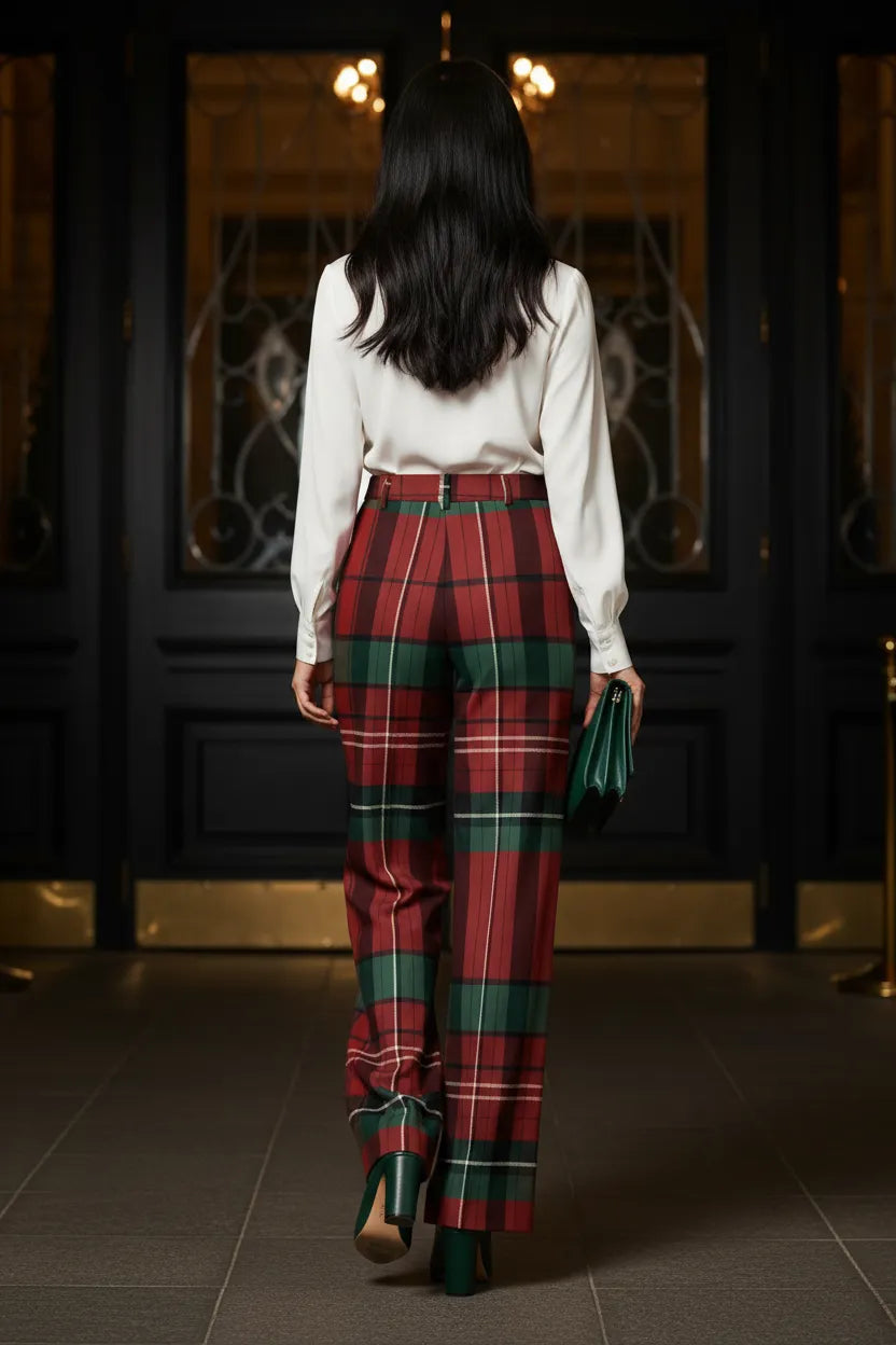 Woman wearing burgundy green tartan wide leg trousers with high waist and belt from Angelic Blessing Shop