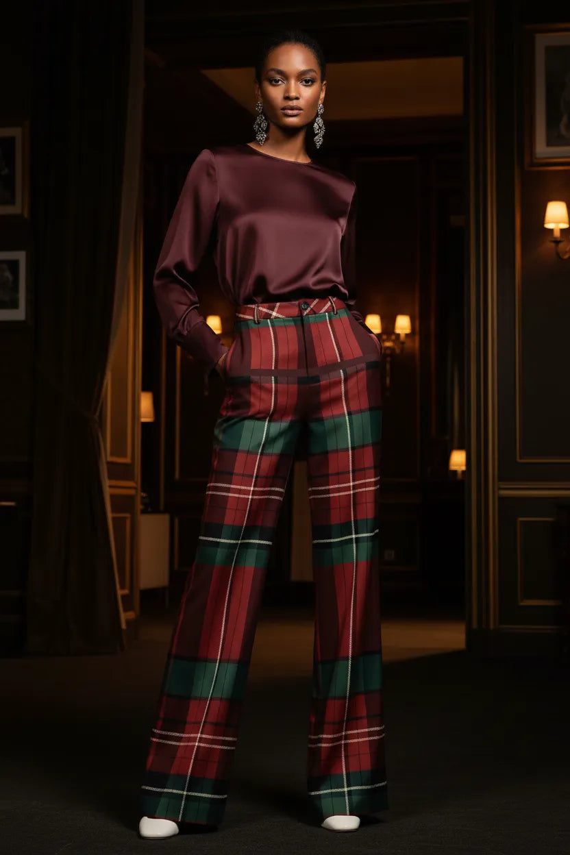 Burgundy green tartan wide leg trousers worn with a burgundy satin blouse by Angelic Blessing Shop