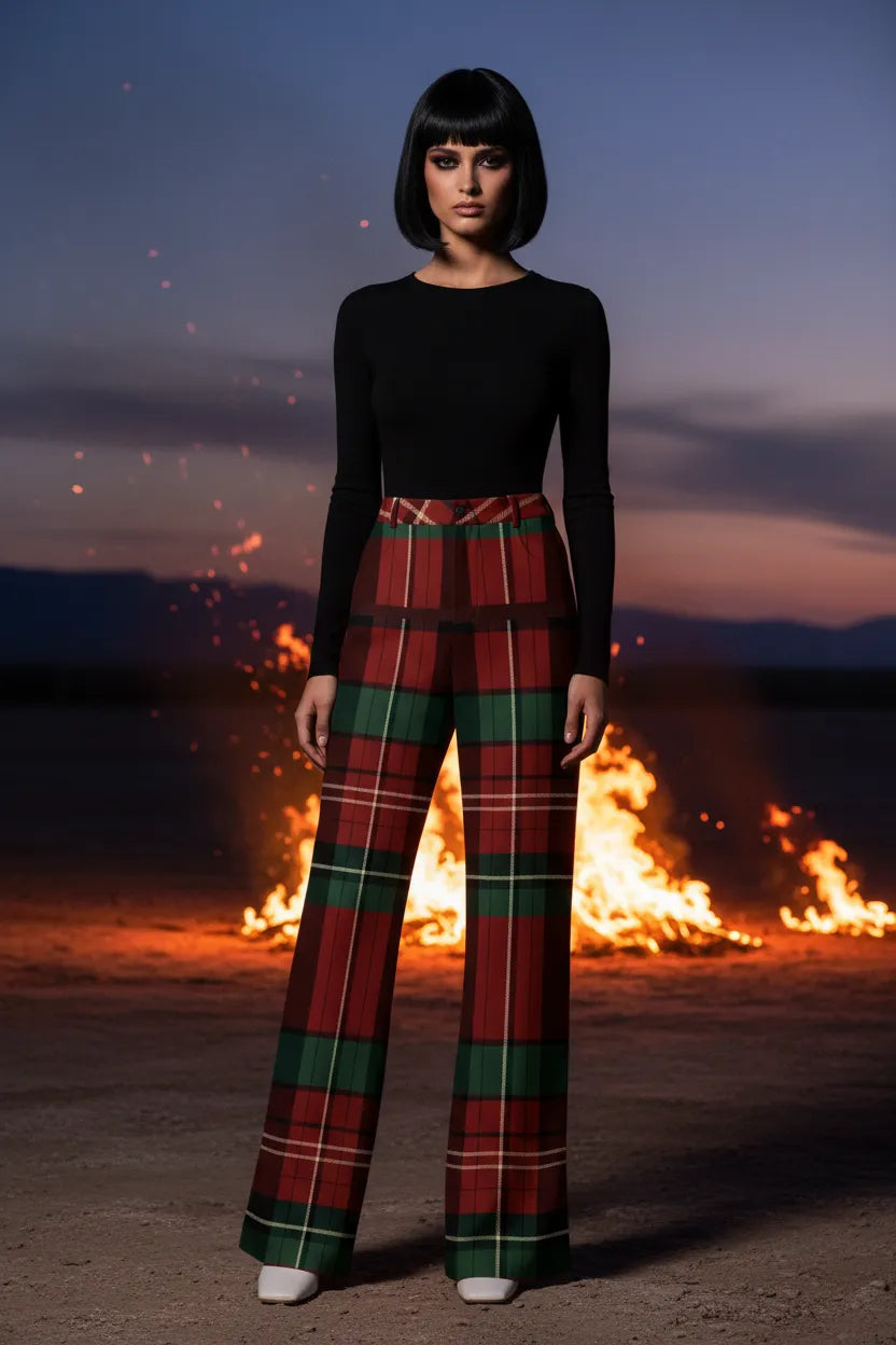 Woman wearing burgundy green tartan wide leg trousers by Angelic Blessing Shop standing outdoors at dusk