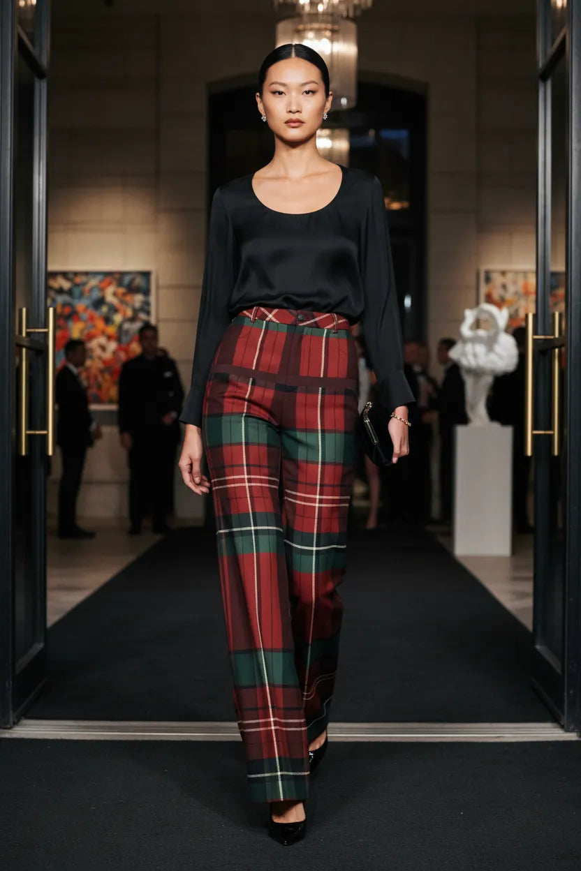 Model wearing burgundy green tartan wide leg trousers with a black top at a fashion runway