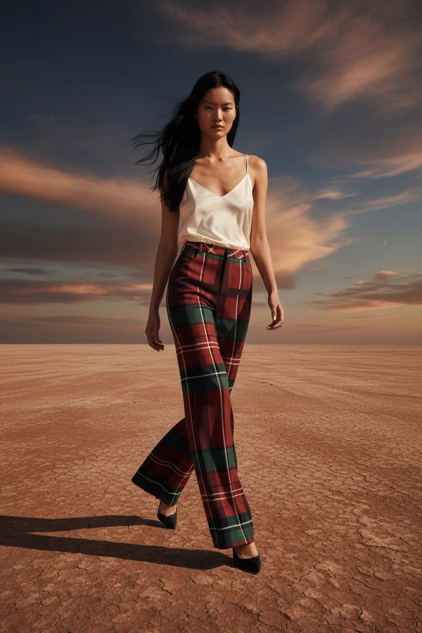 Model wearing burgundy green tartan wide leg trousers walking on dry desert ground with dramatic sky