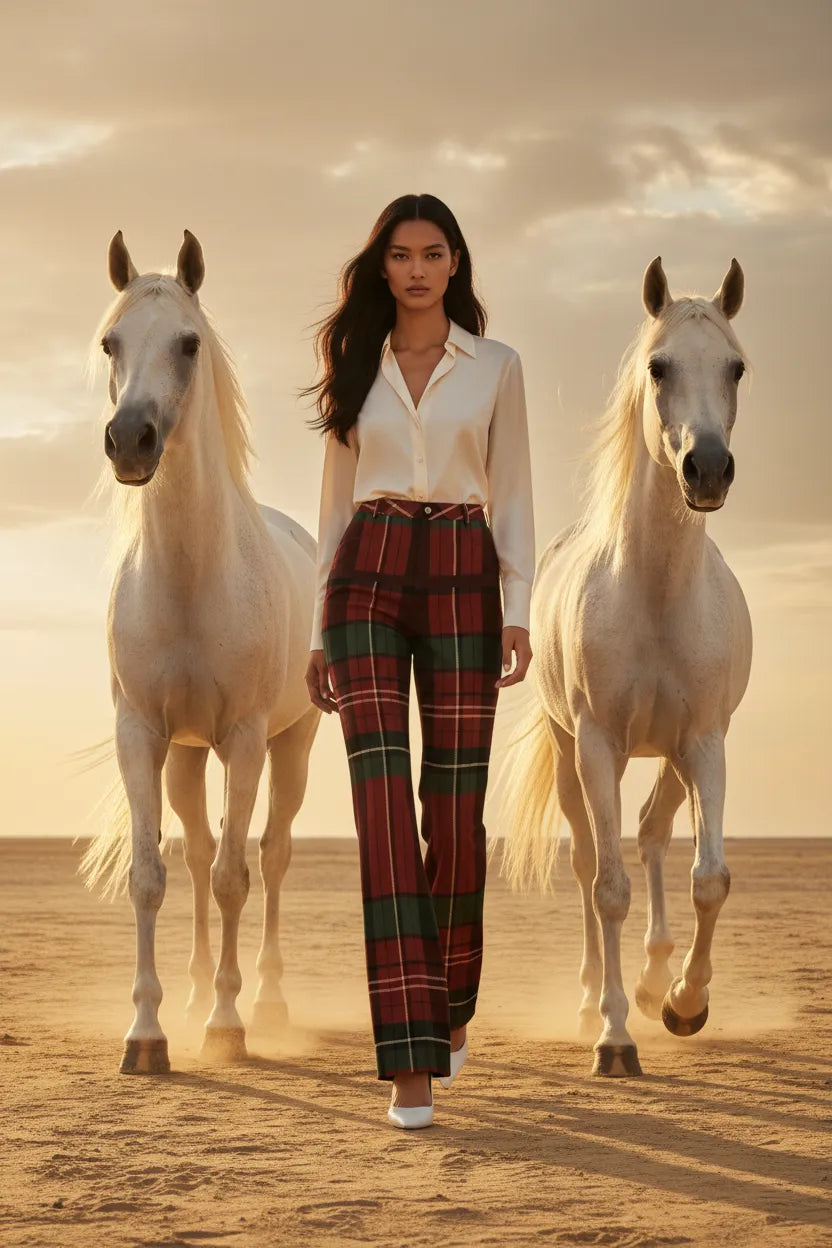 Woman wearing burgundy green tartan wide leg trousers walking between two white horses on a sandy plain