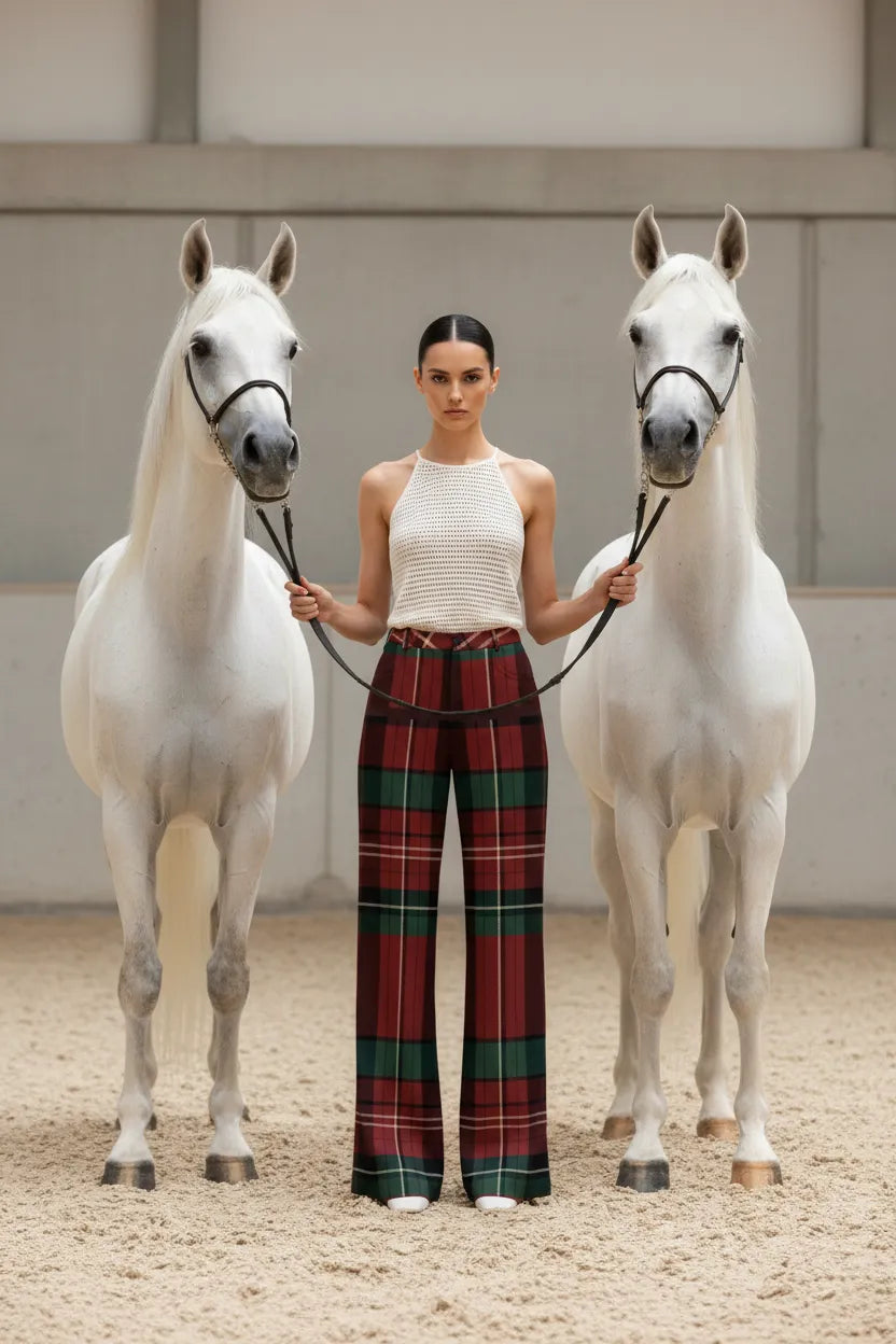 Woman wearing burgundy green tartan wide leg trousers holding white horses by Angelic Blessing Shop