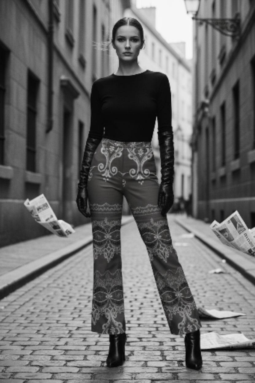Model wearing burgundy high waist wide leg pants with intricate patterns and black top in urban street