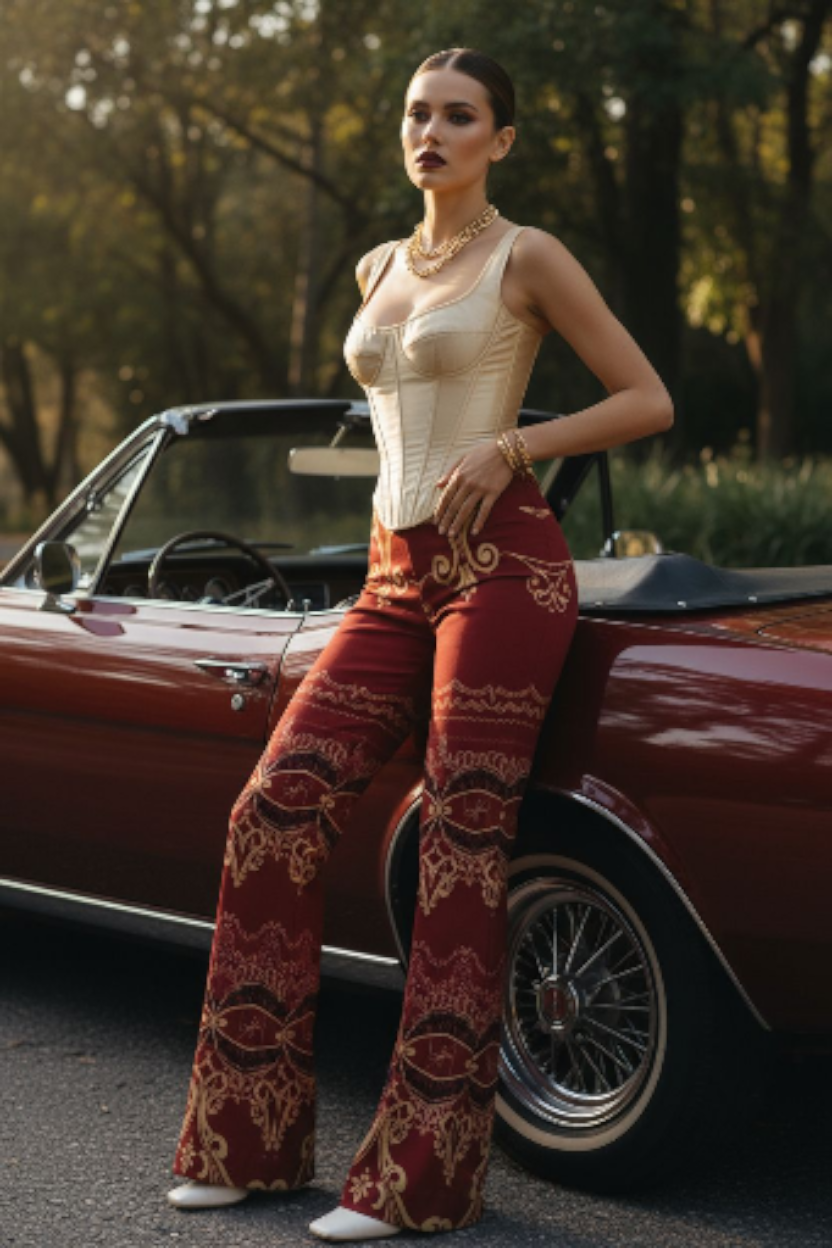 Burgundy high waist wide leg pants with intricate gold patterns worn by model standing next to vintage car