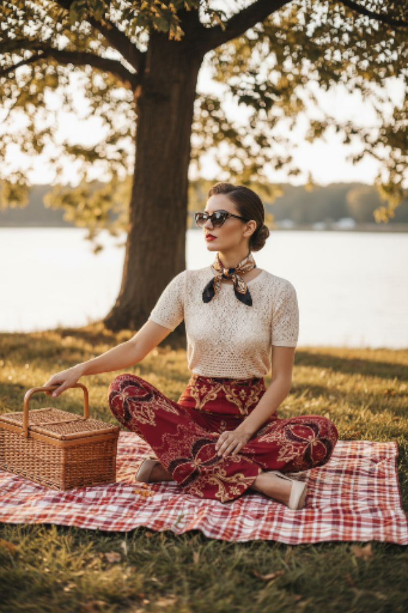 Woman wearing burgundy high waist wide leg pants sitting on a picnic blanket next to a basket outdoors