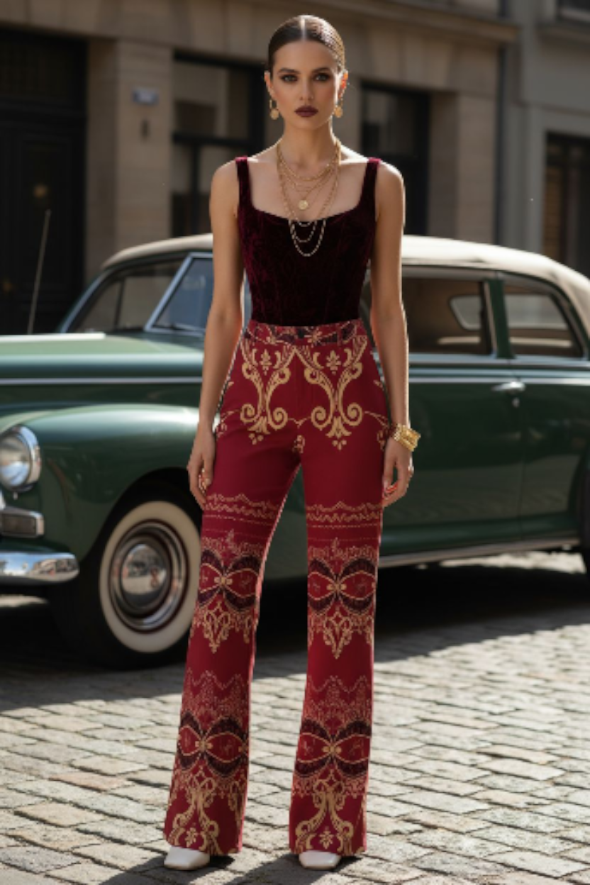 Woman wearing burgundy high waist wide leg pants with gold baroque print and velvet top