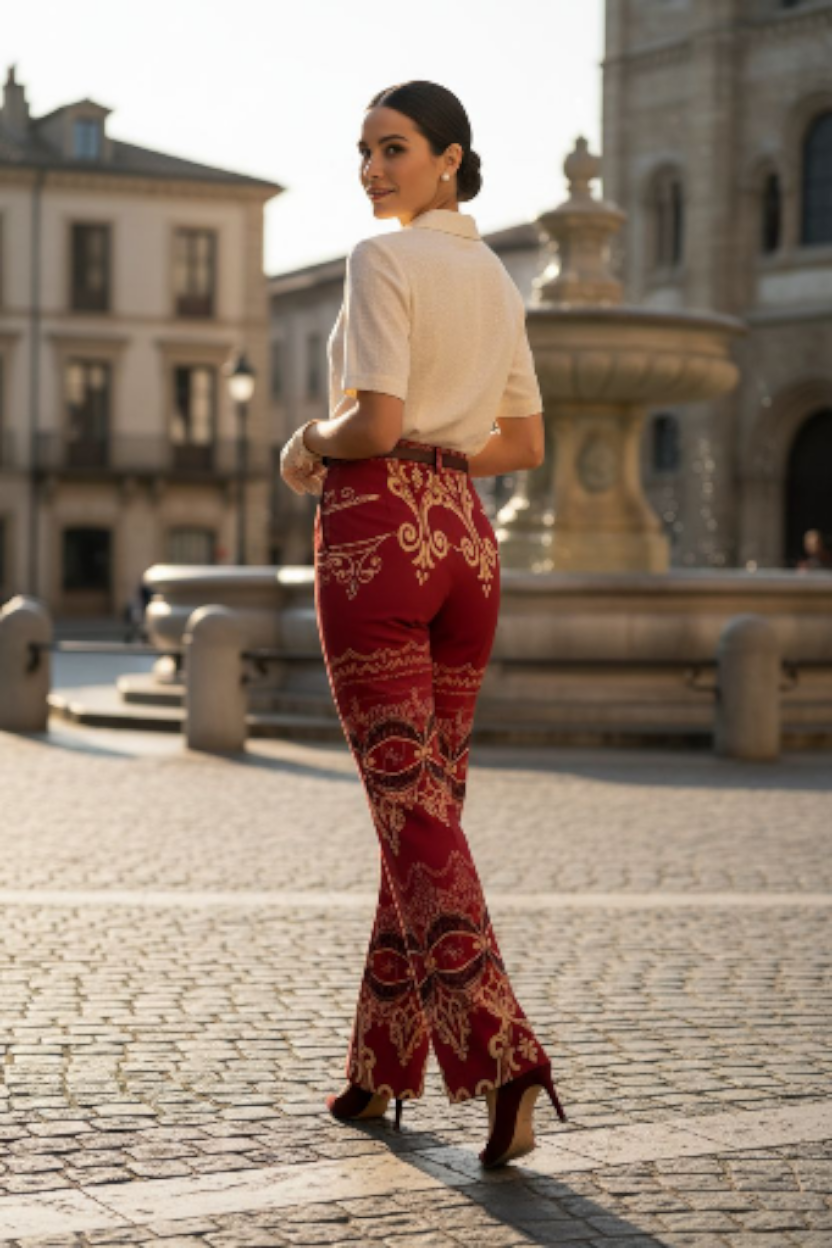 Woman wearing burgundy high waist wide leg pants with intricate patterns walking outdoors