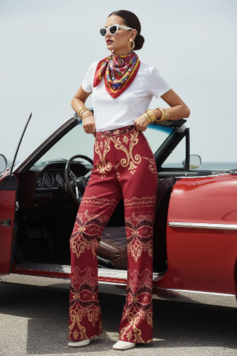 Woman wearing burgundy high waist wide leg pants with intricate patterns standing by red vintage car