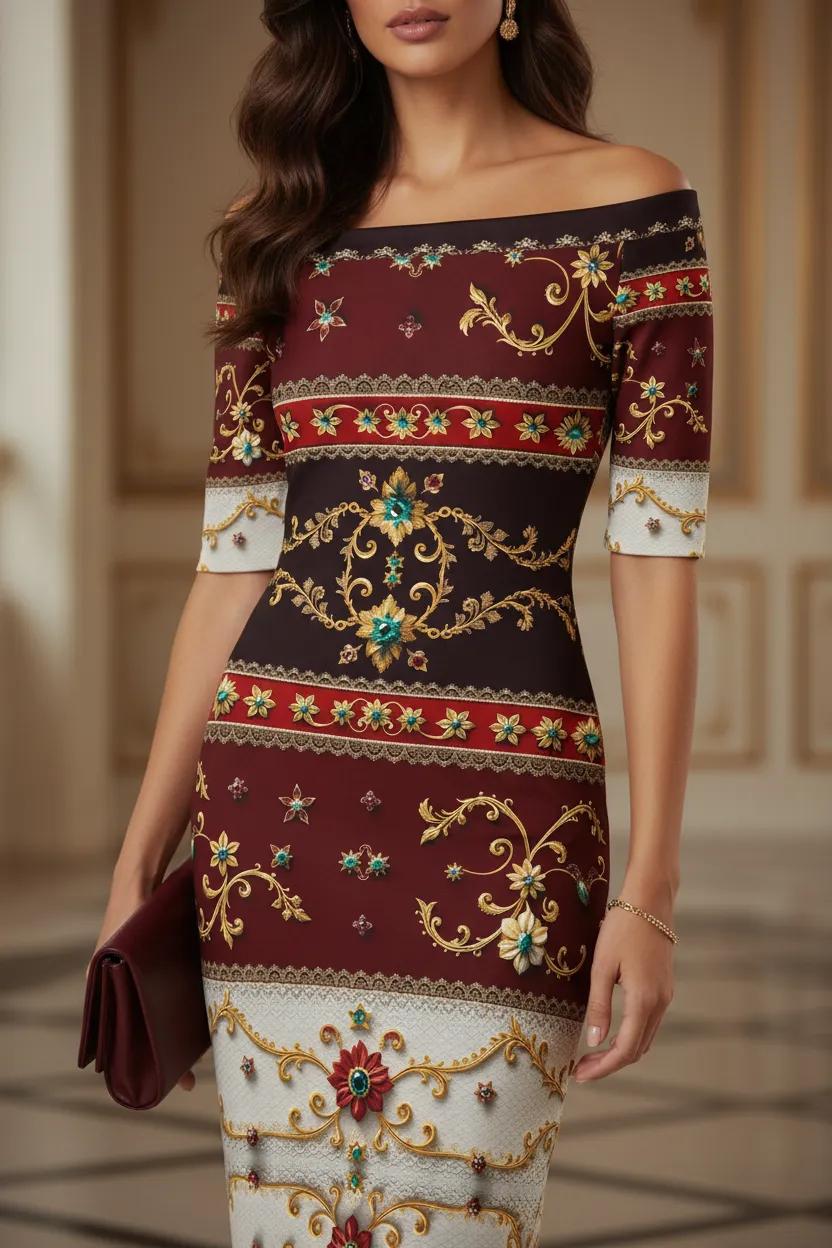 Bodycon dress elegant off shoulder evening outfit with floral and ornate patterns