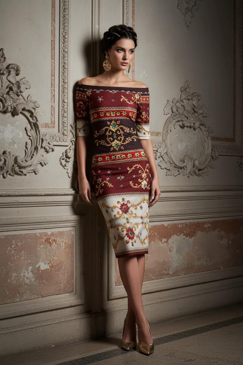 Bodycon Dress Elegant Evening Outfit With Ornate Pattern And Off Shoulder Design