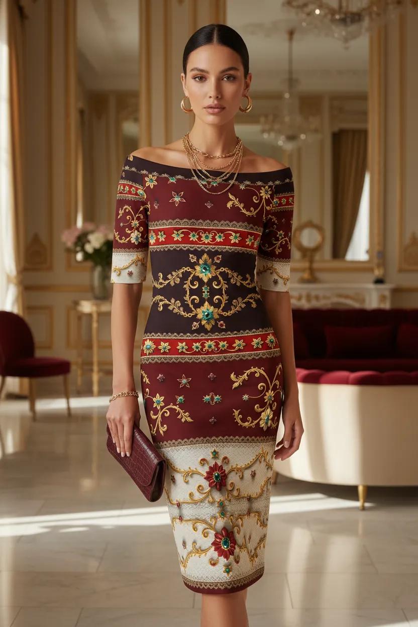 Bodycon Dress Elegant Evening Outfit with Ornate Pattern and Off Shoulder Design