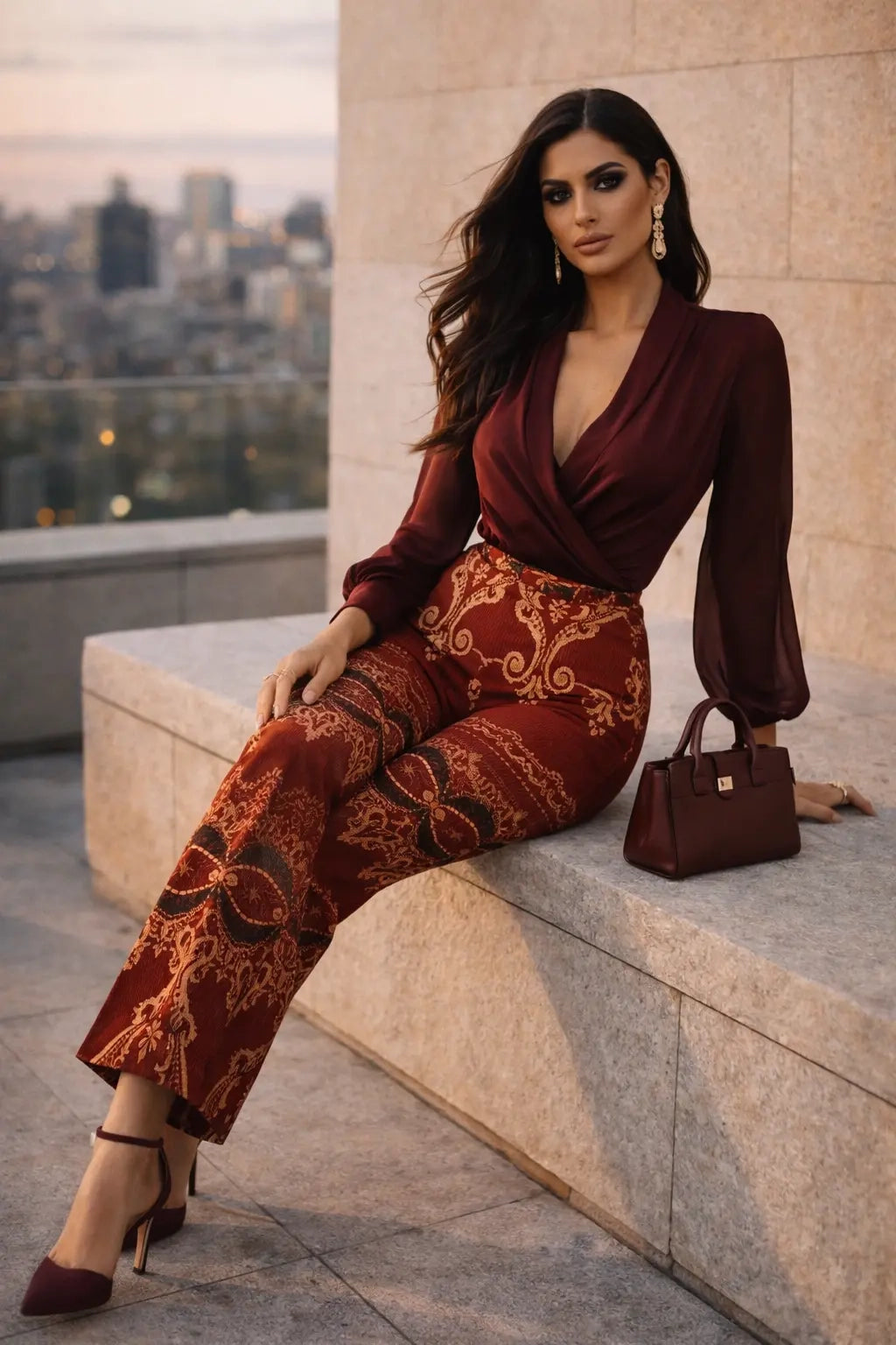 Editorial fashion look featuring burgundy wide leg pants with an ornate print styled for statement dressing.